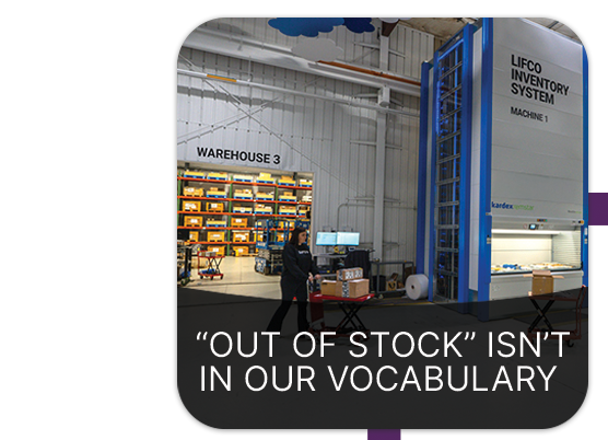 Lifco Hydraulics Warehouse 3 sign emphasizing their commitment to product availability and minimal stockouts.