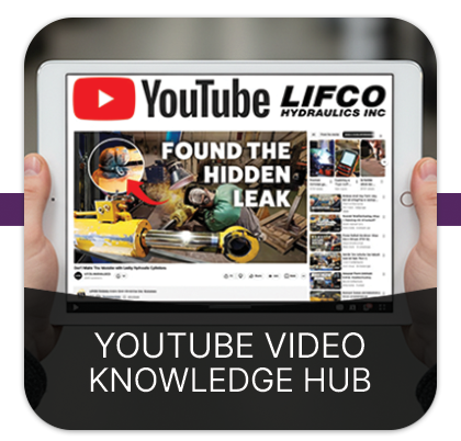 Lifco Hydraulics Inc. YouTube channel graphic promoting hydraulic system education with the tagline: 'The only thing leaking is knowledge.'