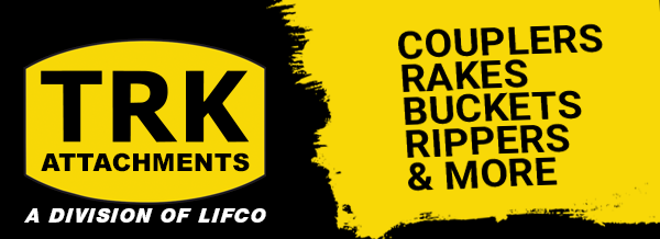 TRK Attachments TRK Attachments logo banner featuring couplers, rakes, buckets, rippers and more — a division of Lifco Hydraulics.