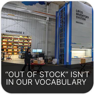 Lifco Hydraulics Warehouse 3 sign emphasizing their commitment to product availability and minimal stockouts.