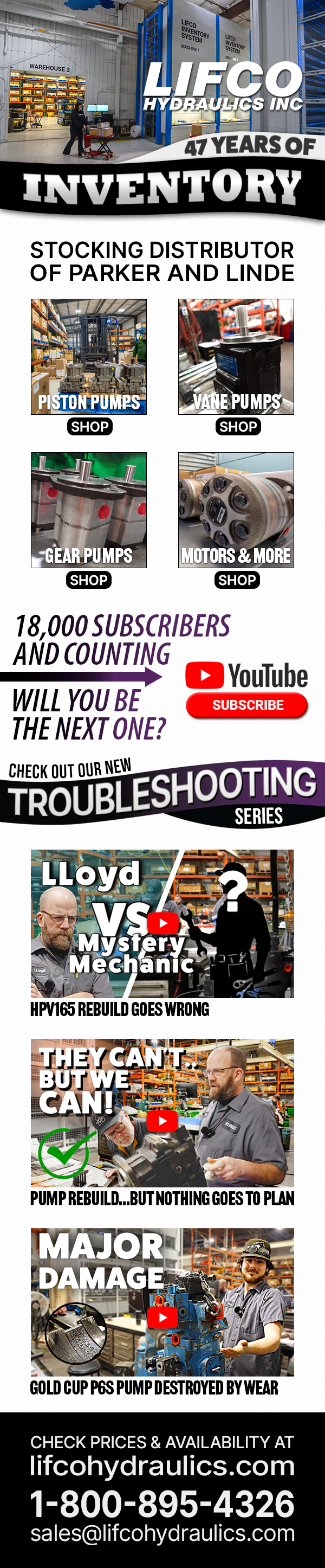 Lifco Hydraulics newsletter showing Parker pumps, YouTube videos, and contact information