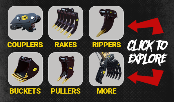 TRK excavator attachments — couplers, rakes, rippers, buckets, and more